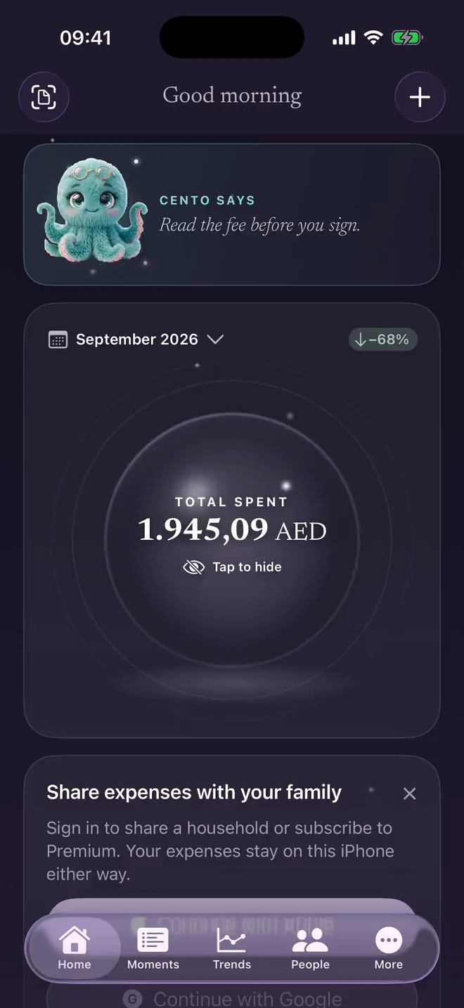 Home screen showing spending by category