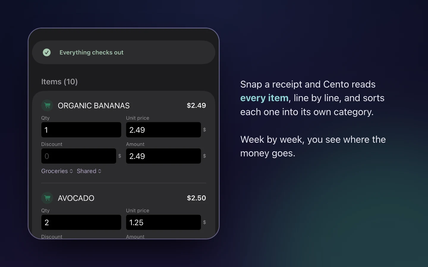 Cento's scan screen after reading a receipt: every item listed with its quantity, price and category, such as organic bananas under Groceries.